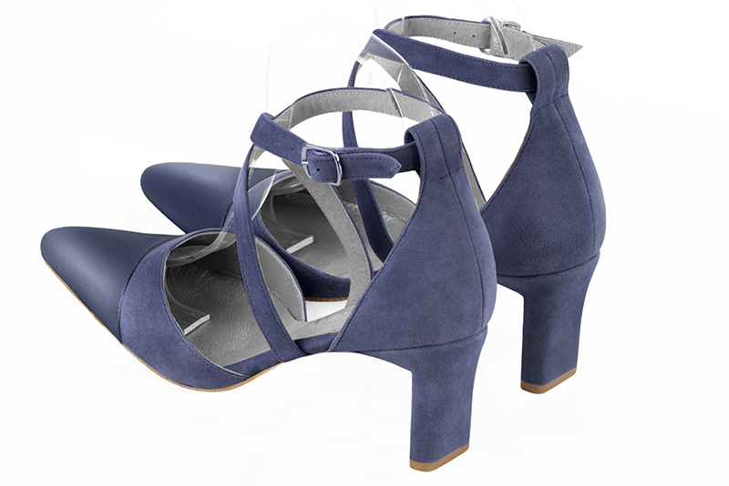 Prussian blue women's open side shoes, with crossed straps. Tapered toe. Medium comma heels. Rear view - Florence KOOIJMAN